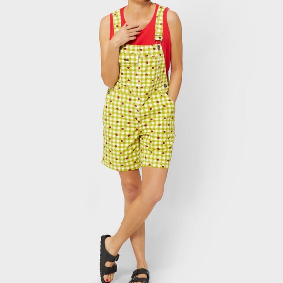 Duluth Trading Co womens wild card cotton canvas bibs overalls ladybug gingham - Picture 4 of 7